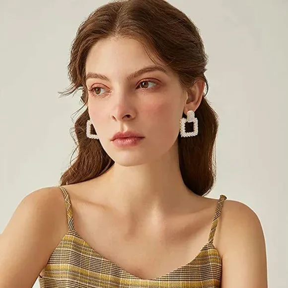 Women, Boho Faux Pearl Earrings Gold Dangle Stud Earrings Geometric Earrings